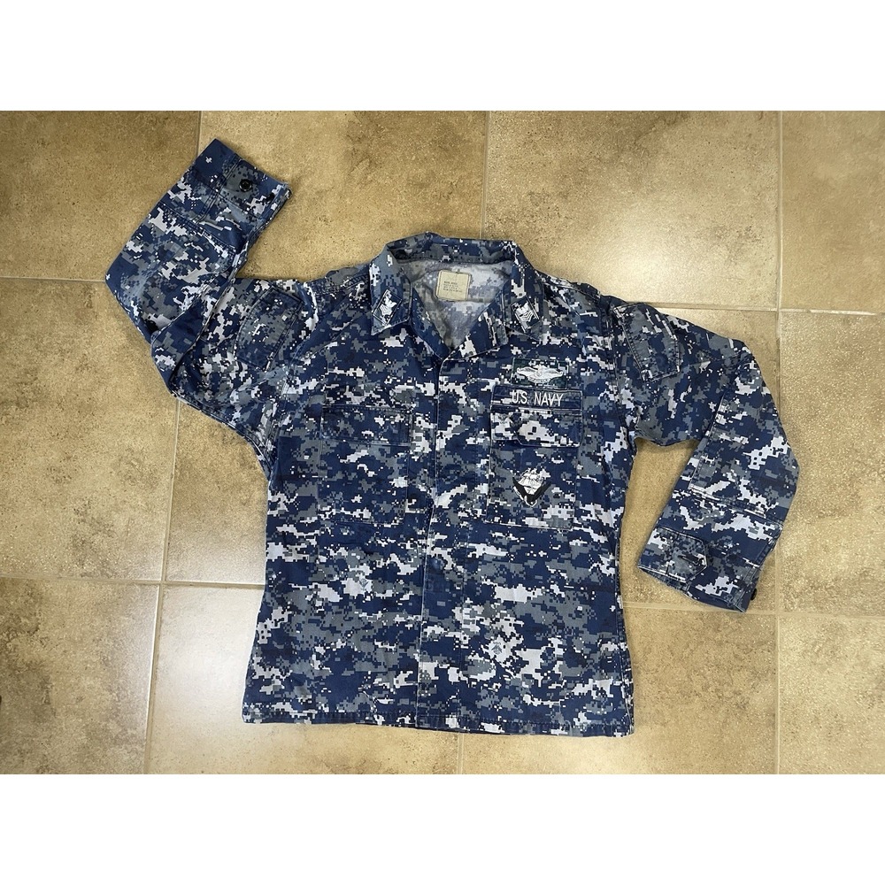 US Military Navy Tactical Shirt Mens Sz M Digital Blue Camo Uniform Jacket